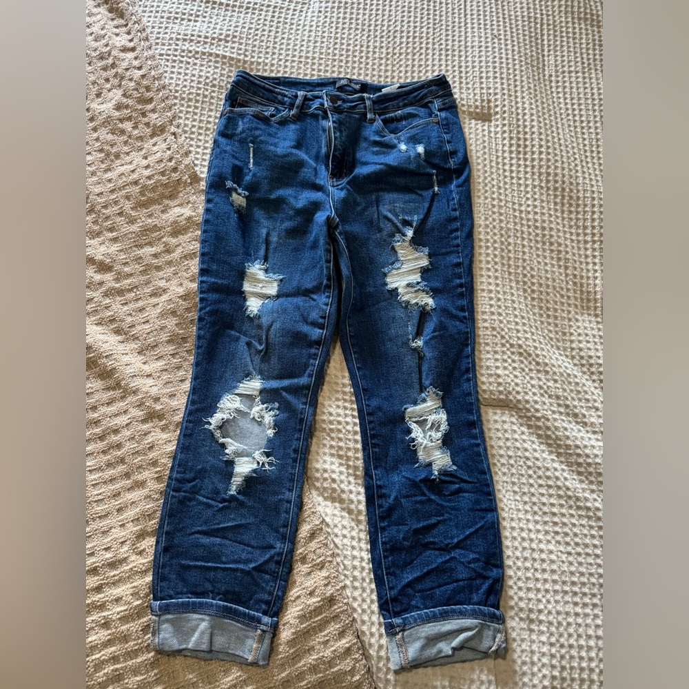 Judy Blue Dark Blue Distressed Boyfriend Jeans